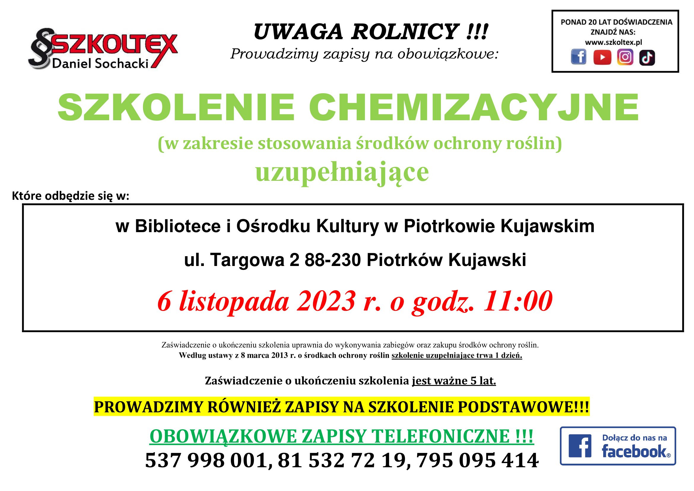 Uwaga Rolnicy !!! Prowadzimy zapisy na obowiązkowe: Szkolenie Chemizacyjne (w zakresie stosowania środków ochrony roślin) 